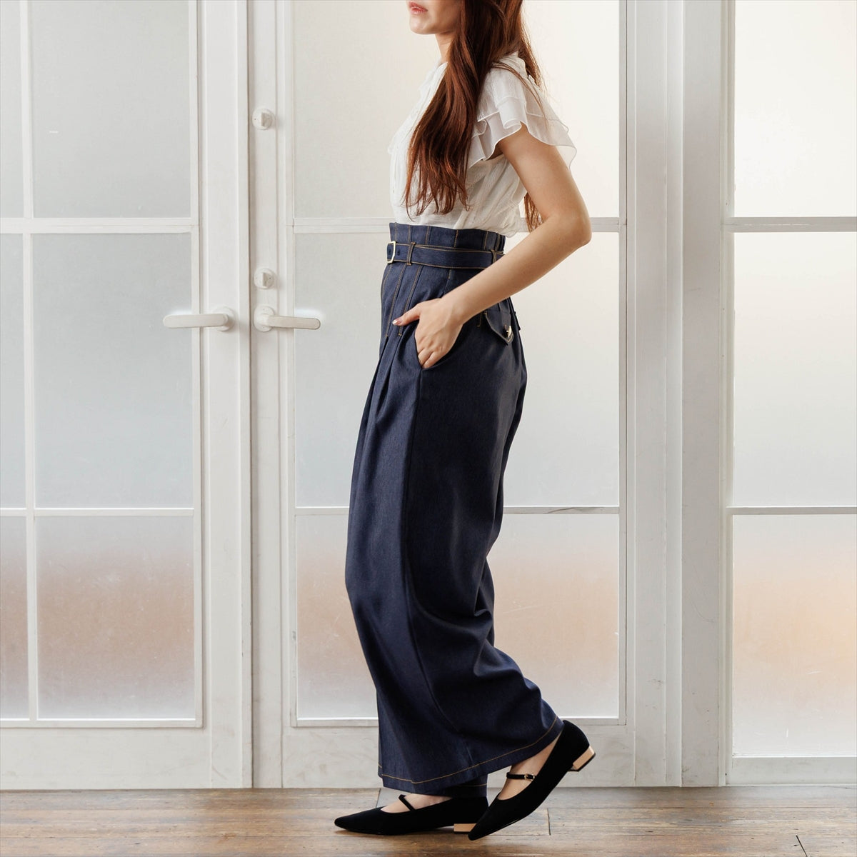 【26AW/WEB限定デザイン】配色ヒールストラップフラットパンプス/640016