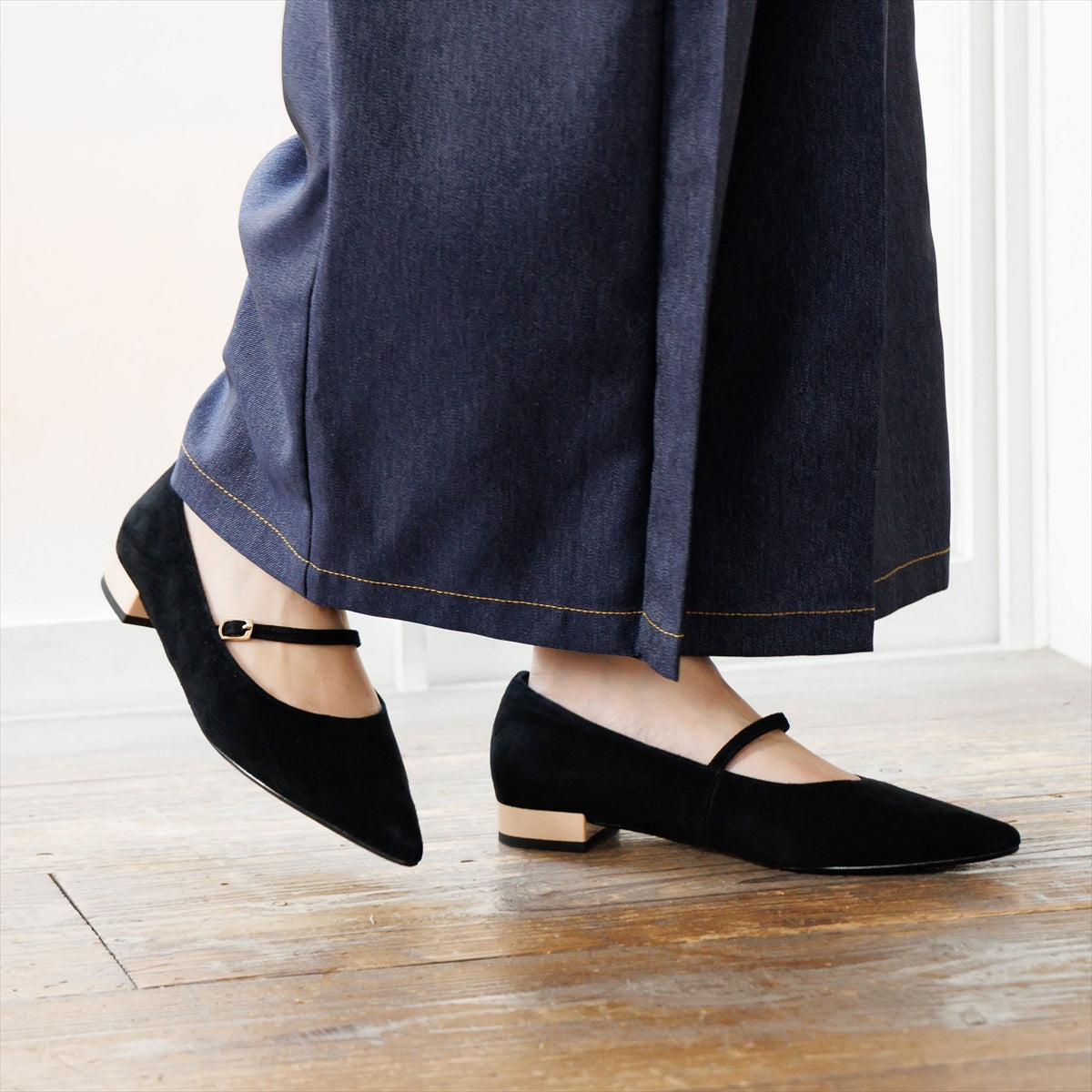 【26AW/WEB限定デザイン】配色ヒールストラップフラットパンプス/640016