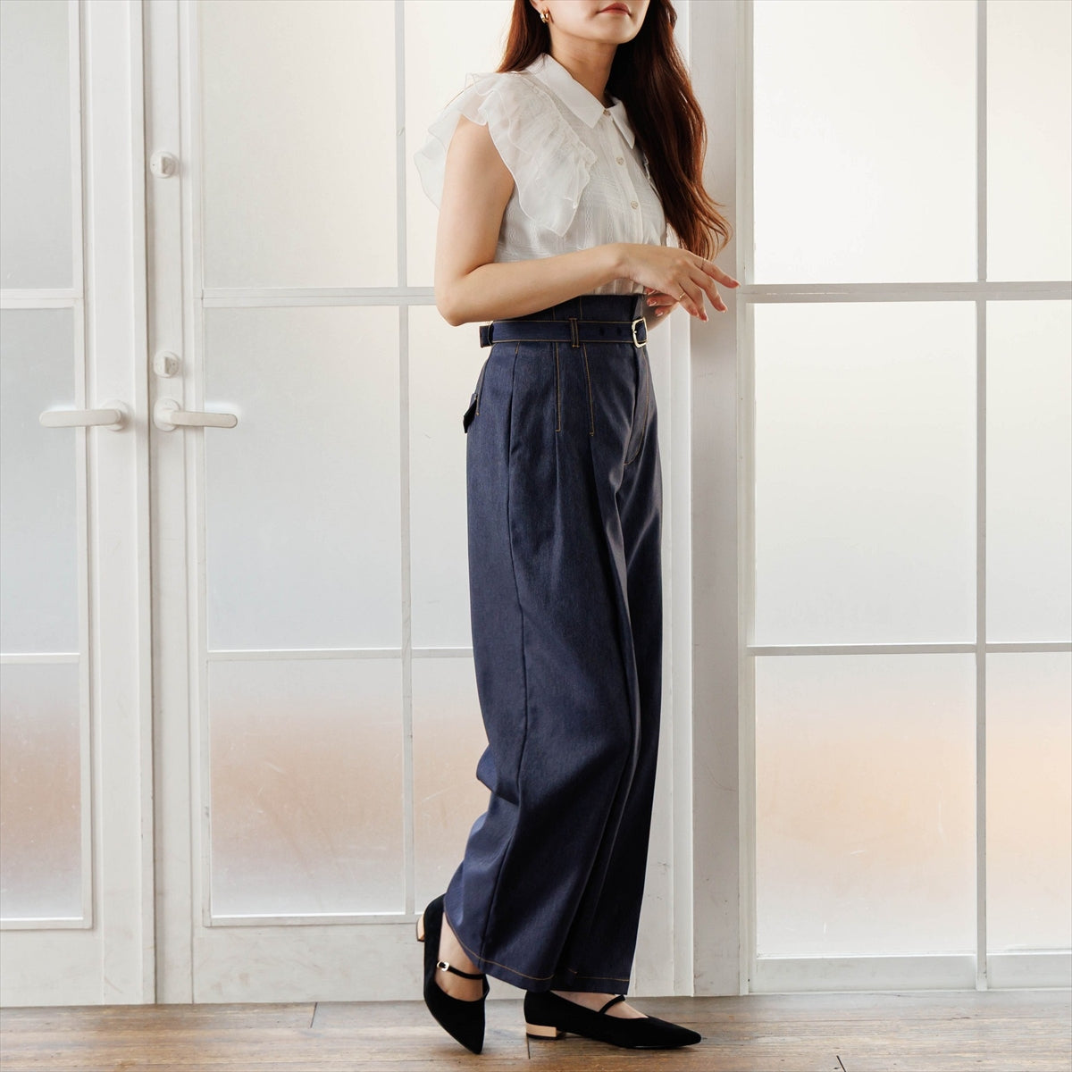【26AW／WEB限定デザイン】配色ヒールストラップフラットパンプス/640016
